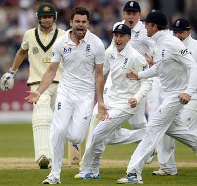 James Anderson celebrates the wicket of Michael Clarke