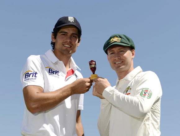 England's captain Alastair Cook stands with Australia captain Michael Clarke (right) while holding a replica Ashes urn before Wednesday's first Test at Trent Bridge