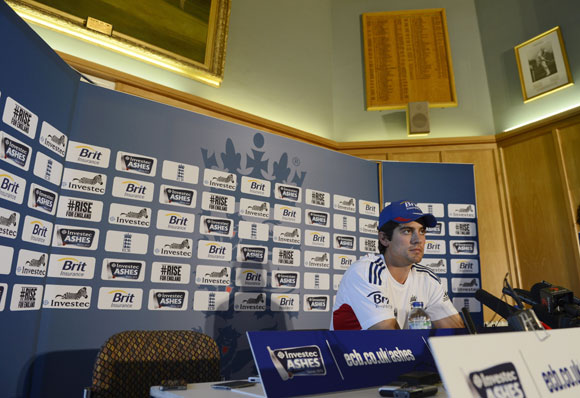 England's captain Alastair Cook talks during a news conference