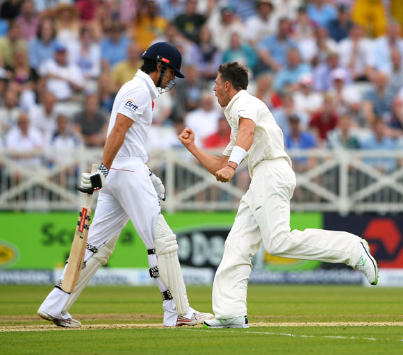 James Pattinson celebrates the wicket of Alastair Cook
