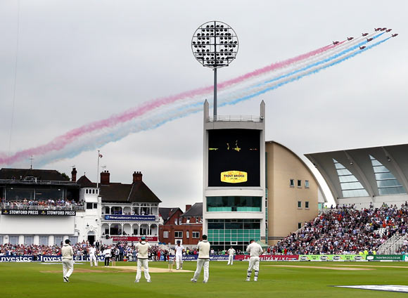 The Red Arrows fly over Trent Bridge
