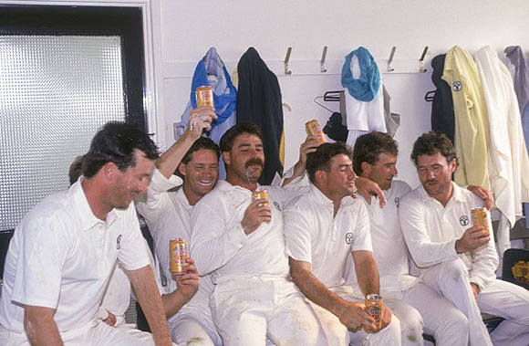 The Australian cricket team celebrate their win against England in the First Test in the Ashes series at Headingley, on 13th June 1989