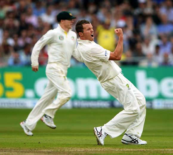 Peter Siddle celebrates after claiming the wicket of Matt Prior