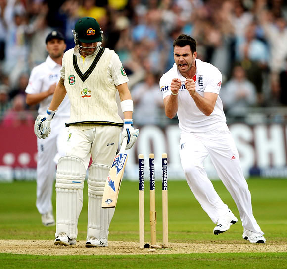 James Anderson is jubilant after getting the wicket of Michael Clarke
