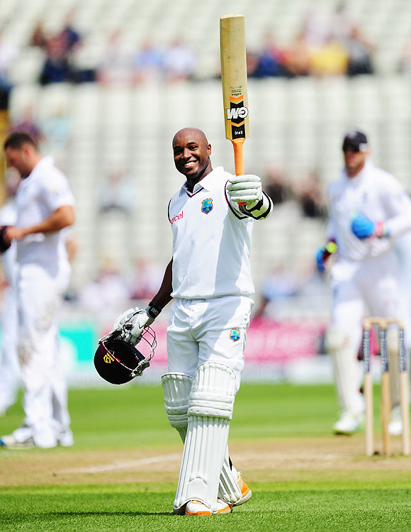West Indies batsman Tino Best celebrates his half century during day four of the 3rd Investec Test match between England and West Indies at Edgbaston on June 10, 2012