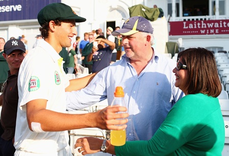 Ashton Agar is congratulated by his parents John and Sonia after Day 2 of the 1st Investec Ashes Test 