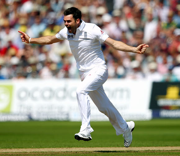 James Anderson celebrates after taking the wicket of Steve Smith