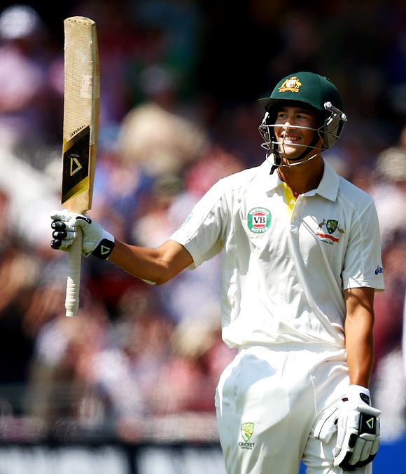 Ashton Agar celebrates after reaching his half-century against England on Day 2 of the first Ashes Test at Trent Bridge on July 11, 2013