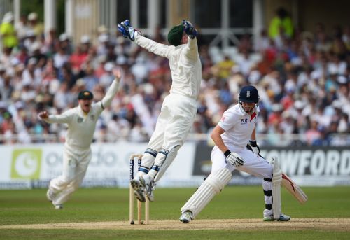 Brad Haddin celebrates after taking the catch that dismissed Jonny Bairstow