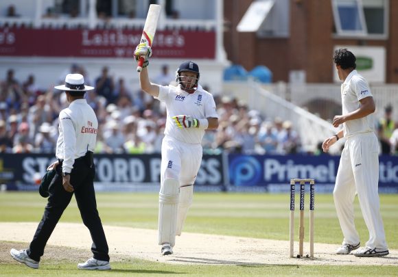 England's Ian Bell celebrates his century against Australia during the fourth day of the first Ashes Test at Trent Bridge in Nottingham