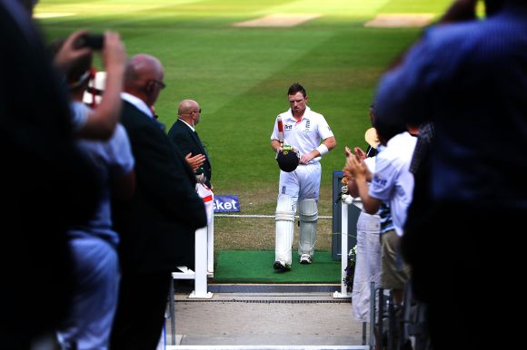 Ian Bell of England walks back to the pavilion after scoring 109 runs