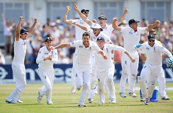 England players celebrate on winning the 1st Ashes Test following the wicket of Brad Haddin at Trent Bridge on Sunday