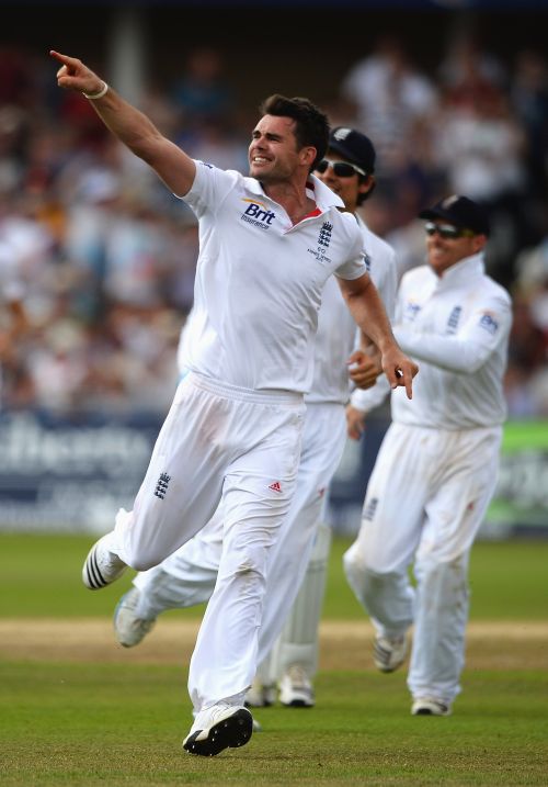 James Anderson of England celebrates the wicket of Chris Rogers of Australia during day four of the 1st Investec Ashes Test match between England and Australia at Trent Bridge Cricket Ground