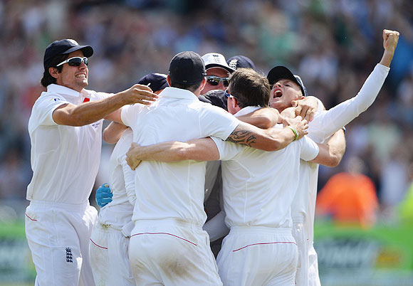 England players celebrate after defeating Australia in the 1st Ashes Test match at Trent Bridge Cricket Ground on Sunday