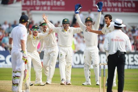 Australia players appeal unsuccessfully for the wicket of Stuart Broad on day three of the 1st Ashes Test match at Trent Bridge