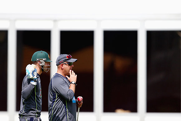 Michael Clarke coach Darren Lehmann during a nets session at Lord's on Tuesday