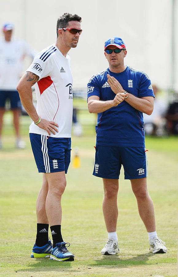 Kevin Pietersen and Andy Flower of England have a discussion during an England nets session at Lord's on  Tuesday