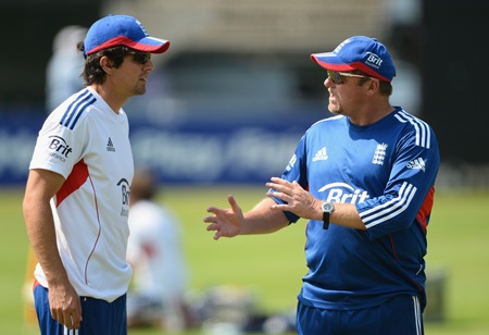 Captain Alastair Cook chats with bowling coach David Saker during England's nets session at Lord's