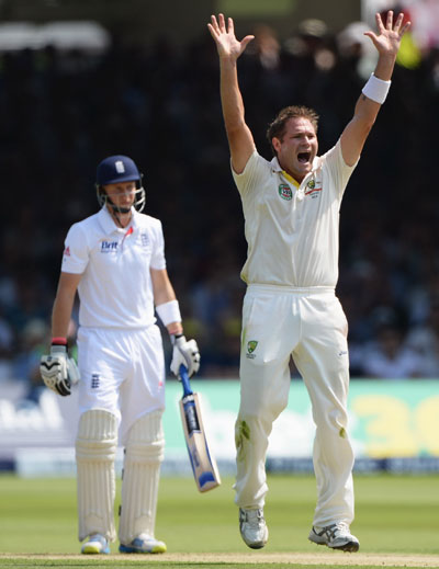 Ryan Harris of Australia appeals successfully for the wicket of Joe Root of England during day one