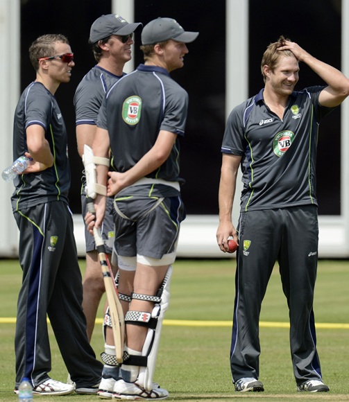 Australia's Shane Watson (right) stands with Mitchell Starc (left), Peter Siddle and Glenn McGrath