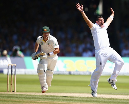 Tim Bresnan appeals successfully for leg before wicket against Shane Watson
