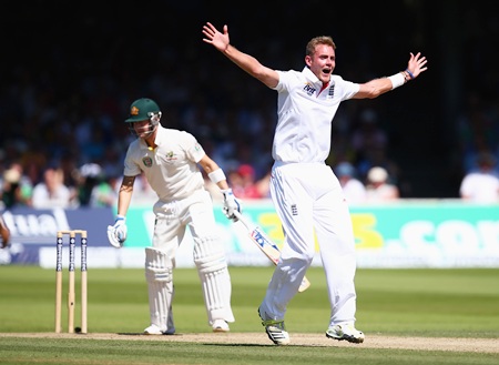 Stuart Broad celebrates after taking the wicket of Michael Clarke 