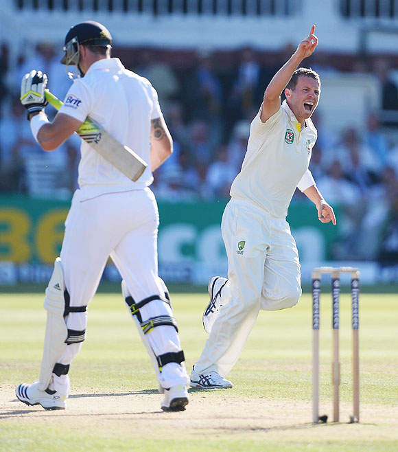 Peter Siddle celebrates the wicket of Kevin Pietersen on Day 2 of the 2nd Ashes Test at Lord's Cricket Ground in London on Friday