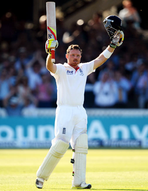 Ian Bell celebrates after completing his century