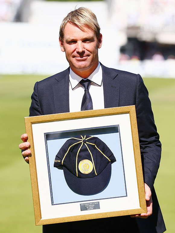 Shane Warne is inducted into the ICC Cricket Hall of Fame on Day 2 of the 2nd Ashes Test at Lord's Cricket Ground in London on Friday