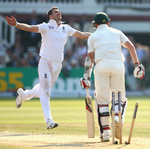 James Anderson celebrates after taking the wicket of Peter Siddle