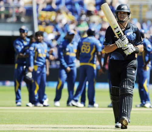 New Zealand's Ross Taylor is dismissed for a duck against Sri Lanka during the ICC Champions Trophy group A cricket match at the Cardiff Wales Stadium