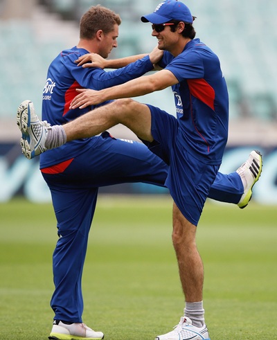 Jos Buttler and Alastair Cook of England