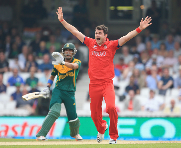James Anderson of England sucessfully appeals for LBW against Robin Peterson of Souh Africa