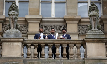 Shikhar Dhawan, MS Dhoni and Ravindra Jadeja during the ICC Champions Trophy winners photocall at the Birmingham City Council Building