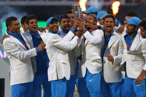 Indian team celebrates after winning the ICC Champions Trophy