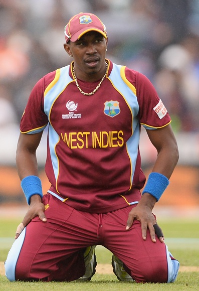 West Indies captain Dwayne Bravo on his knees