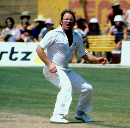 Eddie Barlow, then nearly 39, bowls during a game in June 1979.
