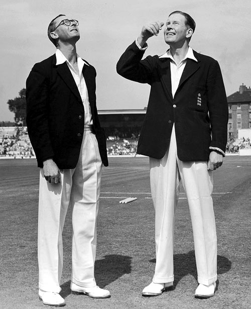 New Zealand Captain Walter Hadlee, left, and his English counterpart Freddie Brown during the toss for the final Test at the Oval, August 13, 1949.
