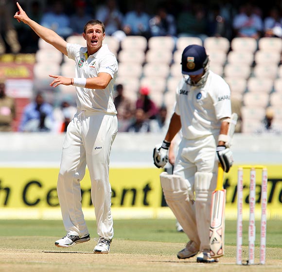 James Pattinson appeals for the wicket of Sachin Tendulkar