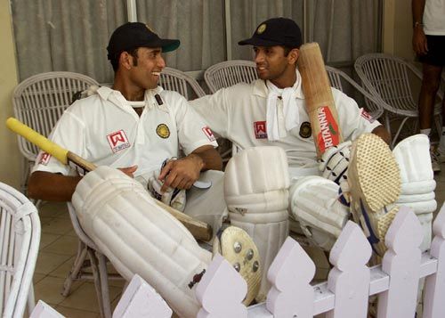 V V S Laxman and Rahul Dravid relax after their magnificent partnership at the Eden Gardens, March 2001