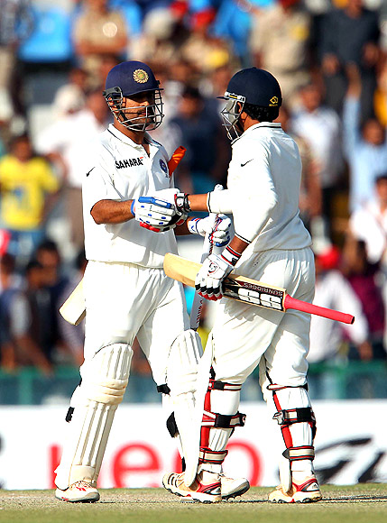 Skipper Mahendra Singh Dhoni and Ravindra Jadeja celebrate India's third win on the trot against the Aussies.