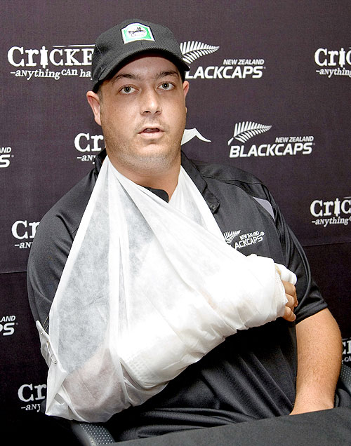 New Zealand cricketer Jesse Ryder at New Zealand Cricket headquarters on February 26, 2008 in Christchurch after cutting his hand on a window at a Christchurch nightclub while celebrating his team's One-day series win over England