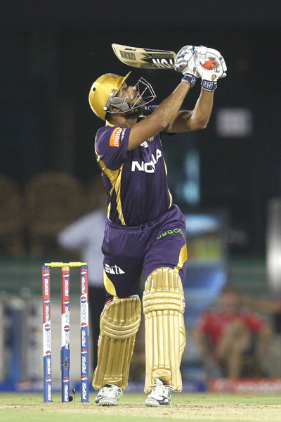 Yusuf Pathan of Kolkata Knight Riders looks up after flicking a delivery only to end up being caught by Irfan Pathan of Delhi Daredevils