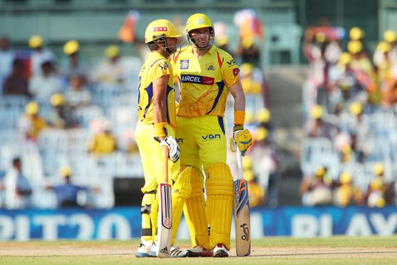 Suresh Raina and Michael Hussey at an IPL match