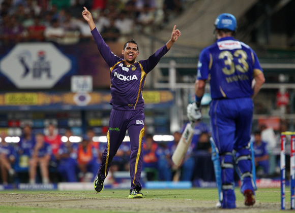 Sunil Narine celebrates the wicket of Shane Watson