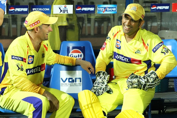 Mike Hussey with MS Dhoni (right)