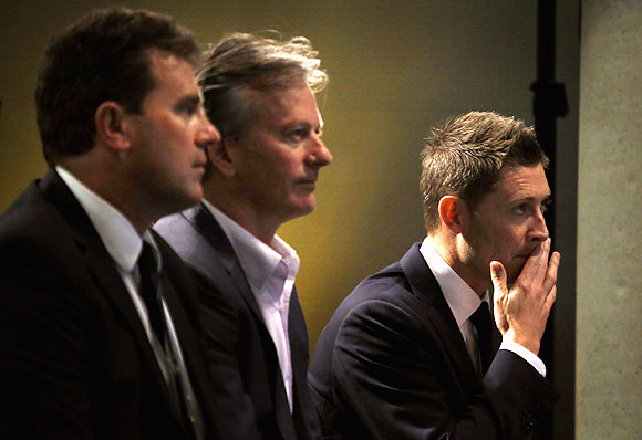 Current Australian cricket team captain Michael Clarke (right) sits with former Australian team captains Mark Taylor (left) and Steve Waugh