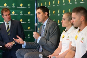 James Sutherland addresses the ,media with Australia captains Jodie Fields and Michael Clarke