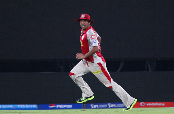 Azhar Mahmood celebrates the wicket of Akshath Reddy