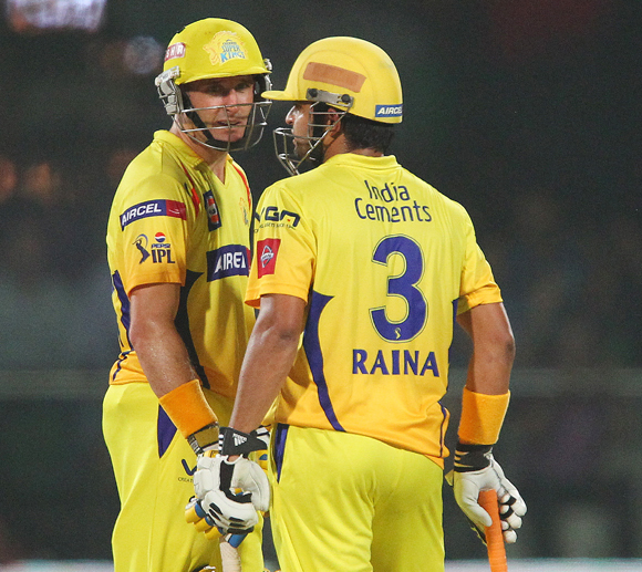 Michael Hussey and Suresh Raina during the first qualifier